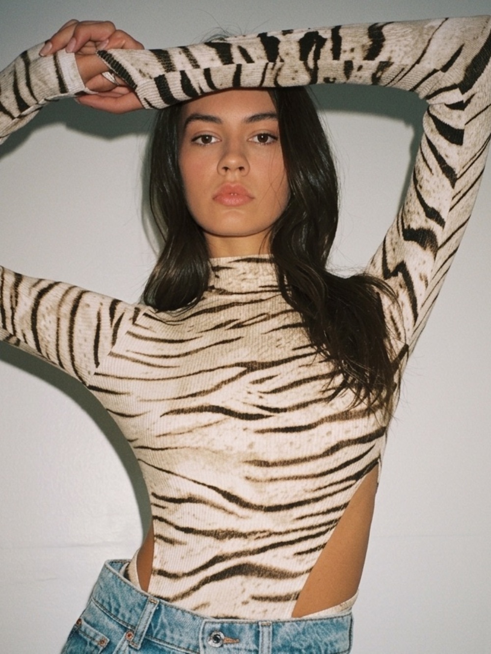 LNA| Keller Cream/Brown Zebra-Print Cutout Long Sleeve Mock Neck Bodysuit Sz S